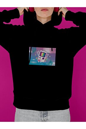 Vapor Wave Tetris Design Baskılı Tasarım 3 Iplik Kalın Siyah Hoodie Sweatshirt
