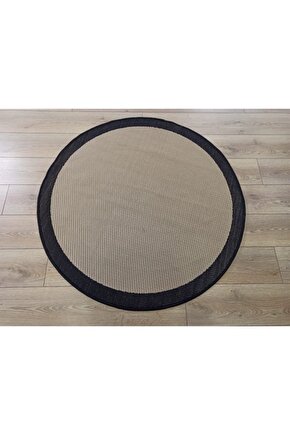 Sisal 9716 Bej  Siyah Bordürlü Daire Jüt Sisal Kilim