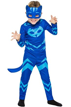 Unisex Çocuk Mavi Pijamaskeliler Kedi Kostüm 7-9 Yaş