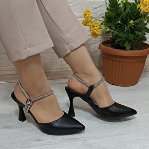 Fiyra 7029 Siyah 8cm Kadeh Topuklu Taşlı Bayan Stiletto Ayakkabı
