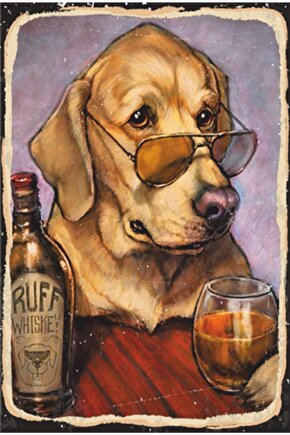 Viski Içien Köpek Retro Ahşap Poster