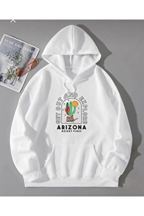 Kapşonlu Oversize Arizona Baskılı Beyaz Sweatshirt