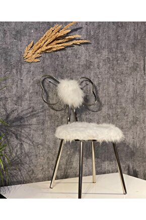 Kelebek Model Gümüş Beyaz Peluş Sandalye Lüx Lak Kaplama Paslanmaz Metal