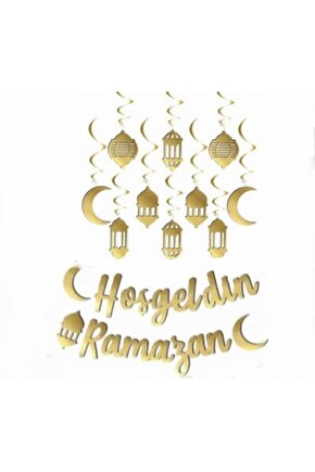 1 Adet Gold Hoşgeldin Ramazan Kaligrafi Banner 1 Adet 3 D Tavan Sarkıt Süs