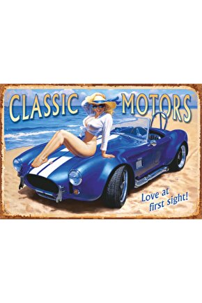 Pin Up Kızı Klasik Motor Araba Retro Ahşap Poster