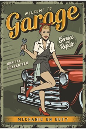 Pin Up Klasik Araba Garajı Retro Ahşap Poster
