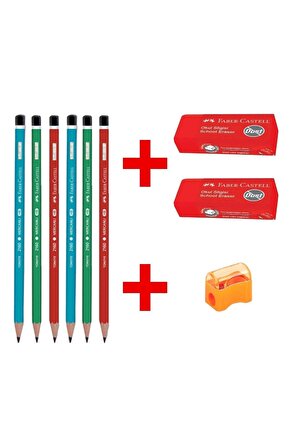 Faber-castell Kurşun Kalem 6 Adet - Faber Büyük Boy Kırmızı Silgi 2 Adet Ve Kalemtıraş