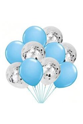 Gümüş Konfetili Şeffaf Balon Metalik Mavi Balon Seti 10 Adet