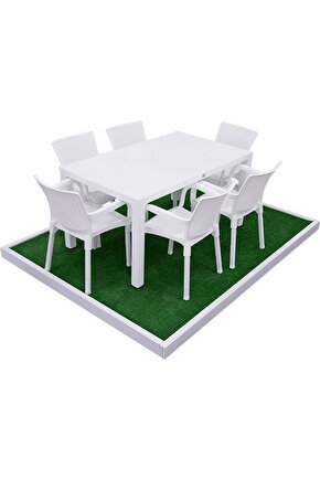 6 Sandalye 90x150 Camlı Masa 6 Minder Rattan Takım Beyaz