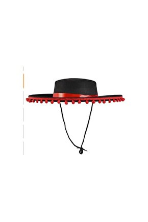 Kırmızı Ponponlu Siyah Renk Çocuk Ispanyol Şapkası