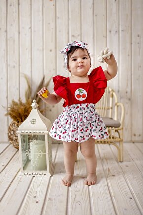 Kız Bebek Bandanalı Tatlı Meyveler Elbise Kiraz