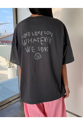 Oversize Antrasit We Love Paint Yazı Baskılı Bisiklet Yaka Tshirt