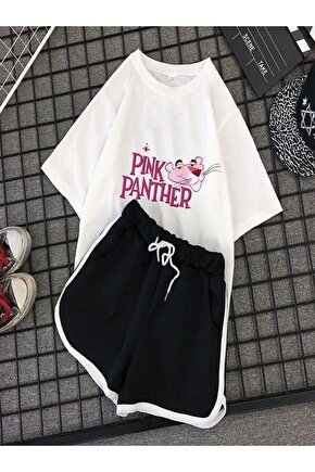 Kadın Oversize Pink Panter Baskılı Şort-tişört Takım