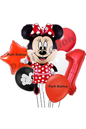 Minnie Mouse 1 Yaş Doğum Günü Set Minnie Mouse Konsept Balon ve Kırmızı Rakam Balon
