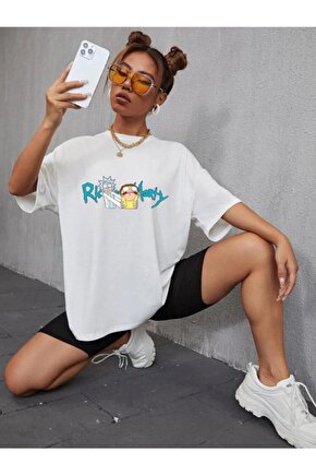 Oversize Unisex Beyaz Ricky Morty Tshirt