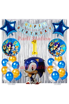Lacivert Tilki Sonic Boom Konsept 1 Yaş Balon Set Sonic Tema Doğum Günü Arka Fon Süsleme Balonlu Set