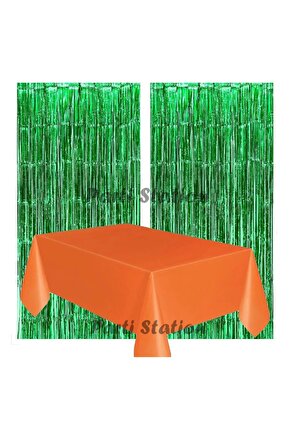 2 Adet Yeşil Renk Metalize Arka Fon Perdesi ve 1 Adet Plastik Turuncu Renk Masa Örtüsü Set