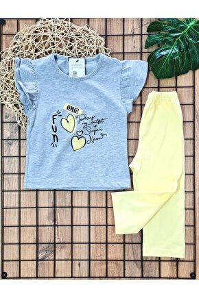 Kız Çocuk Yazlık Ikili Kalp Desenli Sarı Takım