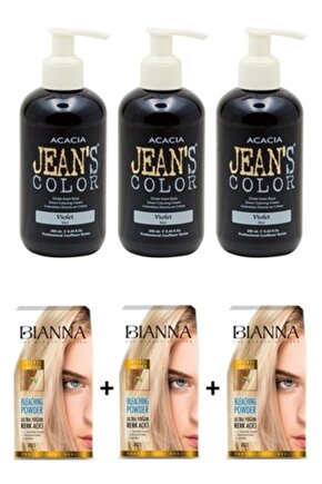 Jeans Color Mor 250ml Amonyaksız Saç Boyası 3 Adet+ 3 Adet Açıcı Bıanna