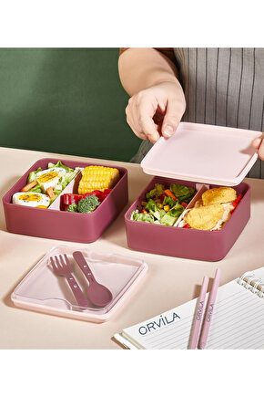 2 Katlı Kare Yemek Saklama Kabı Beslenme Kutusu Seti - Bölmeli Lunch Box Çatal Kaşık Servisli