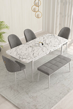 Marsilya Beyaz Mermer Desen 80x132 Mdf Açılabilir Yemek Masası Takımı 4 Sandalye, 1 Bench