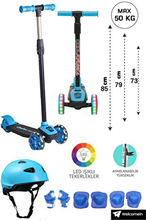 Mavi Led Işıklı 3 Tekerlekli Cool Wheels Yükseklik Ayarlı Çocuk Scooter Ve Kask Dizlik Dirseklik Set