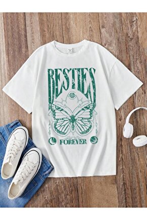 Kız Çocuk Beyaz Besties Forever Baskılı Penye Tişört