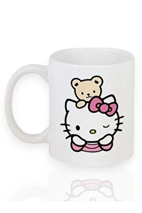 Sevimli Hello Kitty Temalı Beyaz Kupa Bardak Porselen v1