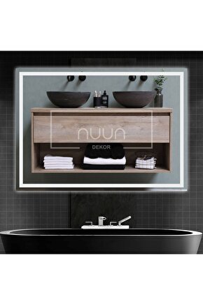 90x70cm Beyaz Ledli Kumlamalı Banyo Aynası Trafolu