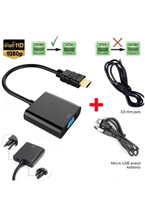 Hdmi To Vga Kablo Çevirici Dönüştürücü Ses Uydu Receiver Ps3 Ps4 Micro Usb Güç