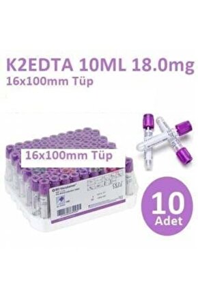 100 Adet Kan Alma Tüpü, Mor Kapak, K2E K2EDTA 10ml 18mg 16x100mm, Bd Vacutainer