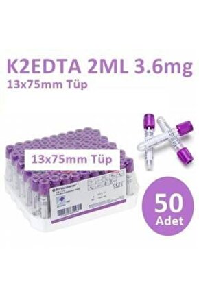 50 Adet Kan Alma Tüpü, Mor Kapak, K2E K2EDTA 2ml 3.6mg 13x75mm, Bd Vacutainer