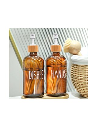 2’li Amber Bambu Standlı Hands&dishes Sıvı Sabunluk, Bulaşık Deterjanlık Seti, 500 Mlx 2 Adet