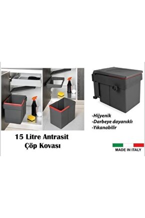 Dolap Içi Antrasit Çöp Kovası Kapağa Monteli 15 Lt, Kapak Ölçüsü Min. 45 Cm.