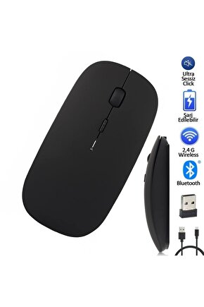 Premium Ultra Slim Mat Black Şarjlı Kablosuz Bluetooth 3.0 1600 Dpi Optical Sessiz Mouse