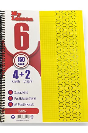 My Lesson Pp Kapak A4 4+2 150 Yaprak Spiralli 6 Bölmeli Ayraçlı Kareli Çzgili Defter