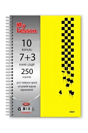 My Lesson A4 Plastik Kapaklı Defter - 7 Kareli 3 Çizgili, 10 Konulu, Spiralli ve 250 Yaprak