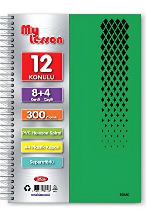 My Lesson PP Kapak A4 Spiralli Defter - 12 Bölmeli, 300 Yaprak, Kareli & Çizgili Sayfalar