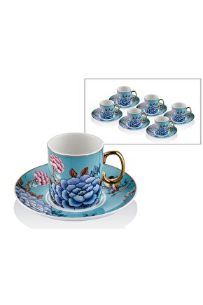 Floral Blue Porselen 12 Parça 6 Kişilik Kahve Fincan Takımı