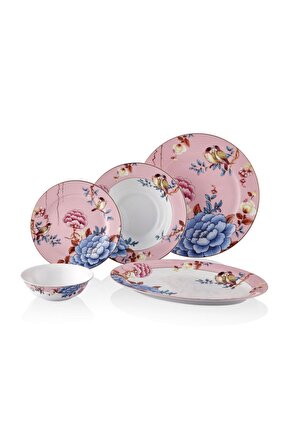 Floral Pink Porselen 27 Parça 6 Kişilik Yemek Takımı Kayık Tabaklı