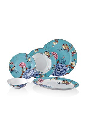 Floral Blue Porselen 27 Parça 6 Kişilik Yemek Takımı Kayık Tabaklı