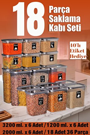 18 Li Dikdörtgen Erzak Bakliyat Saklama Kabı Baharat Seti 1,2-2-3,2 Litre 40 Etiketli Çeyiz Set