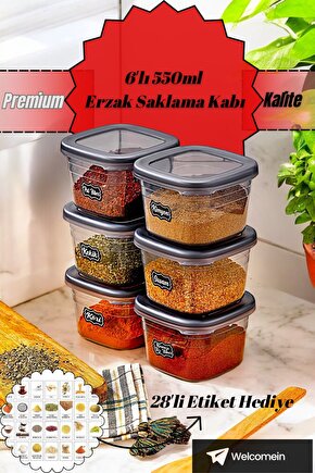 6 Adet Square Antrasit Etiketli Baharatlık Takımı - 550 ml - 6lı Kare 0.55 Lt Etiket Hediyeli