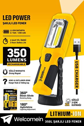 Sgs5054 Şarjlı El Feneri Led Ampul 350 Lumen 3.7 Volt Mıknatıslı El Feneri