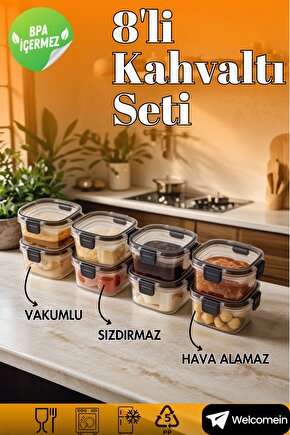 8li Vakumlu Kapak Hava Almaz Sızdırmaz 300 ml. Lüks Kahvaltılık Saklama Seti- 8 Adet