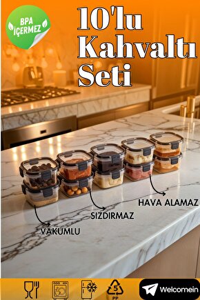 10lu Vakumlu Kapak Hava Almaz Sızdırmaz 300 ml. Lüks Kahvaltılık Saklama Seti- 10 Adet