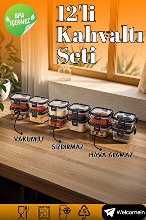 12li Vakumlu Kapak Hava Almaz Sızdırmaz 300 ml. Lüks Kahvaltılık Saklama Seti- 12 Adet  Set