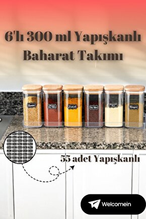 6lı 300 ml Ahşap Kapaklı Silikon Contalı Kendinden Yapışkanlı Raflı Baharatlık Takımı HavaSızdırmaz