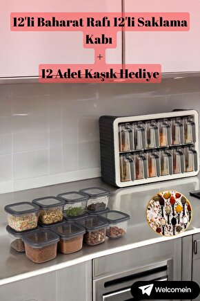 24 Parça Set 12li Stand Baharatlık Etiketli 12li 550 ml Saklama Kabı Set Kaşık 12 Hediye Etiket