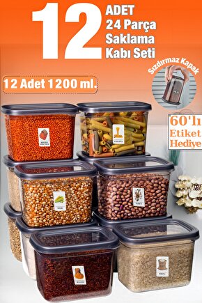 12 Adet 24 Parça 1,2 Lt (1200 ml) Dikdörtgen Erzak Bakliyat Saklama Kabı Çeyiz Seti Etiket Hediyeli